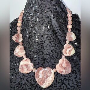 Chunky Pink Heart Stone Statement Necklace Sterling Clasp